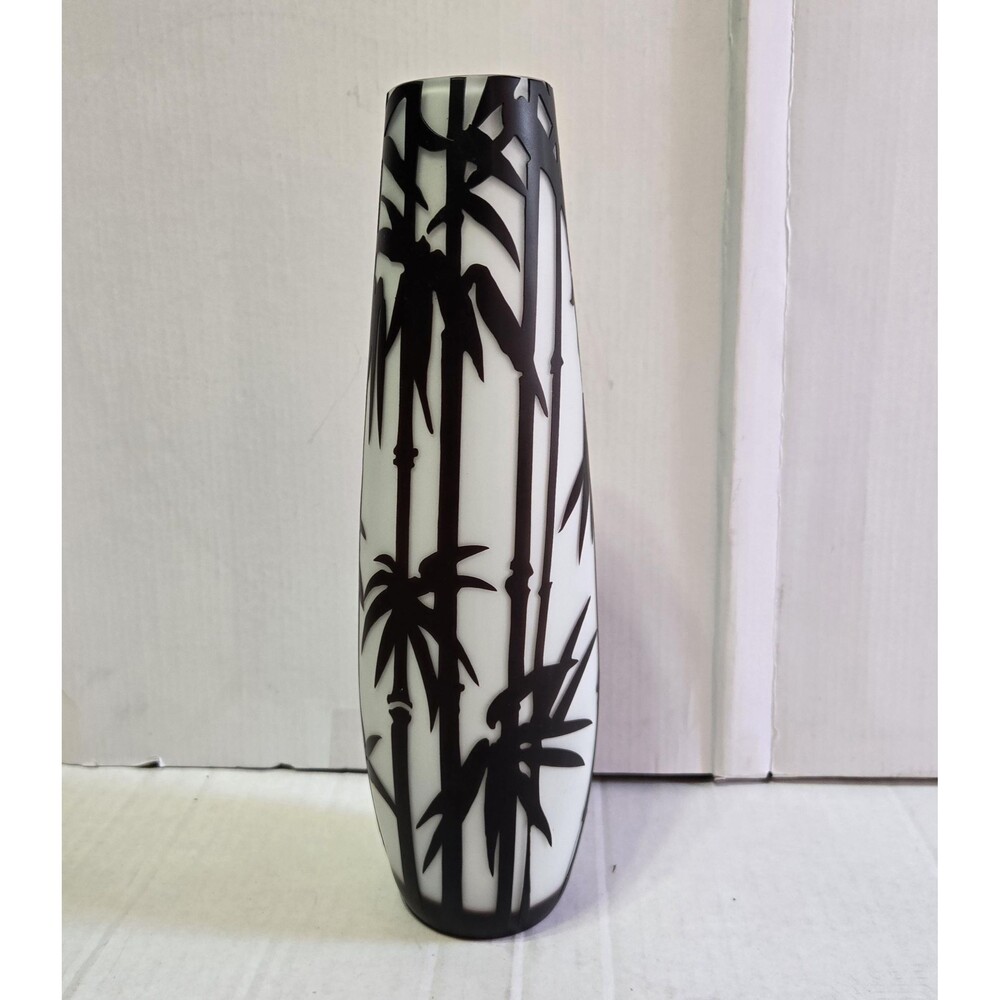 Brown Frosted White Cameo Glass Bamboo Vase Cut to Clear Asian Decor 12"